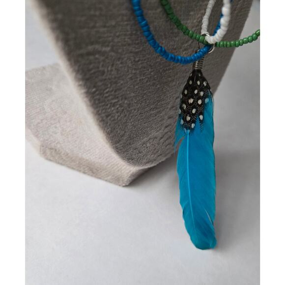 Boho Three Stranded Beaded Necklace with Feather Charm - Picture 4 of 7